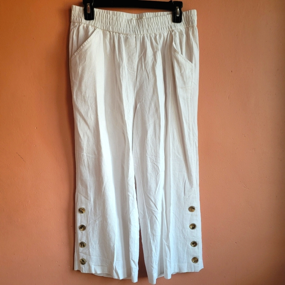 Land n’ Sea Womens White Cropped Linen Blend Wide Leg Pull On Pants Medium